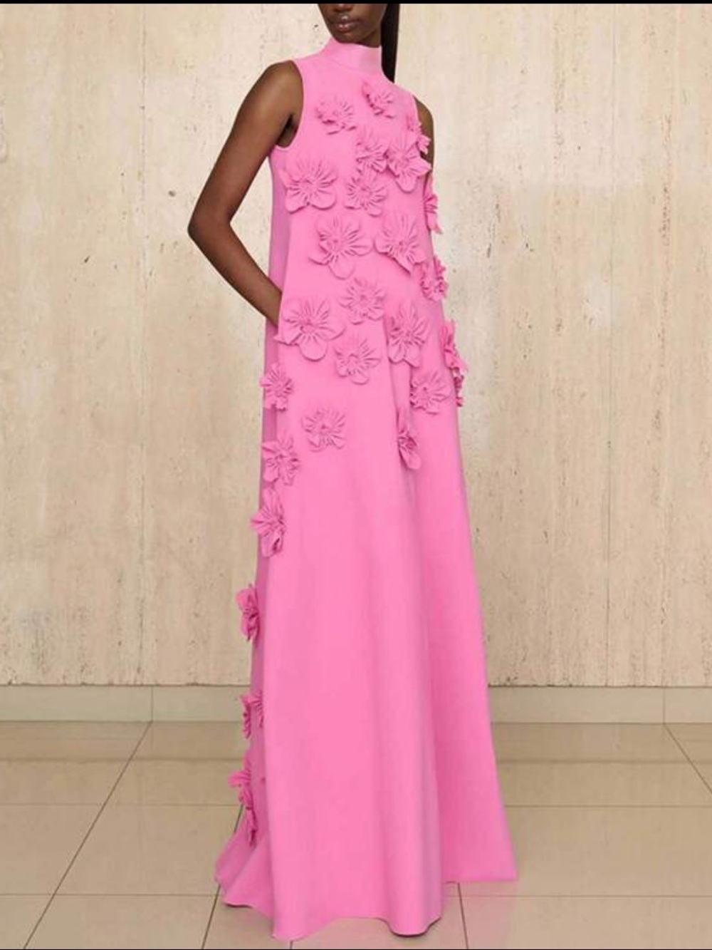 Elegant Pink Floral Appliqué Maxi Dress - Sleeveless High Neck